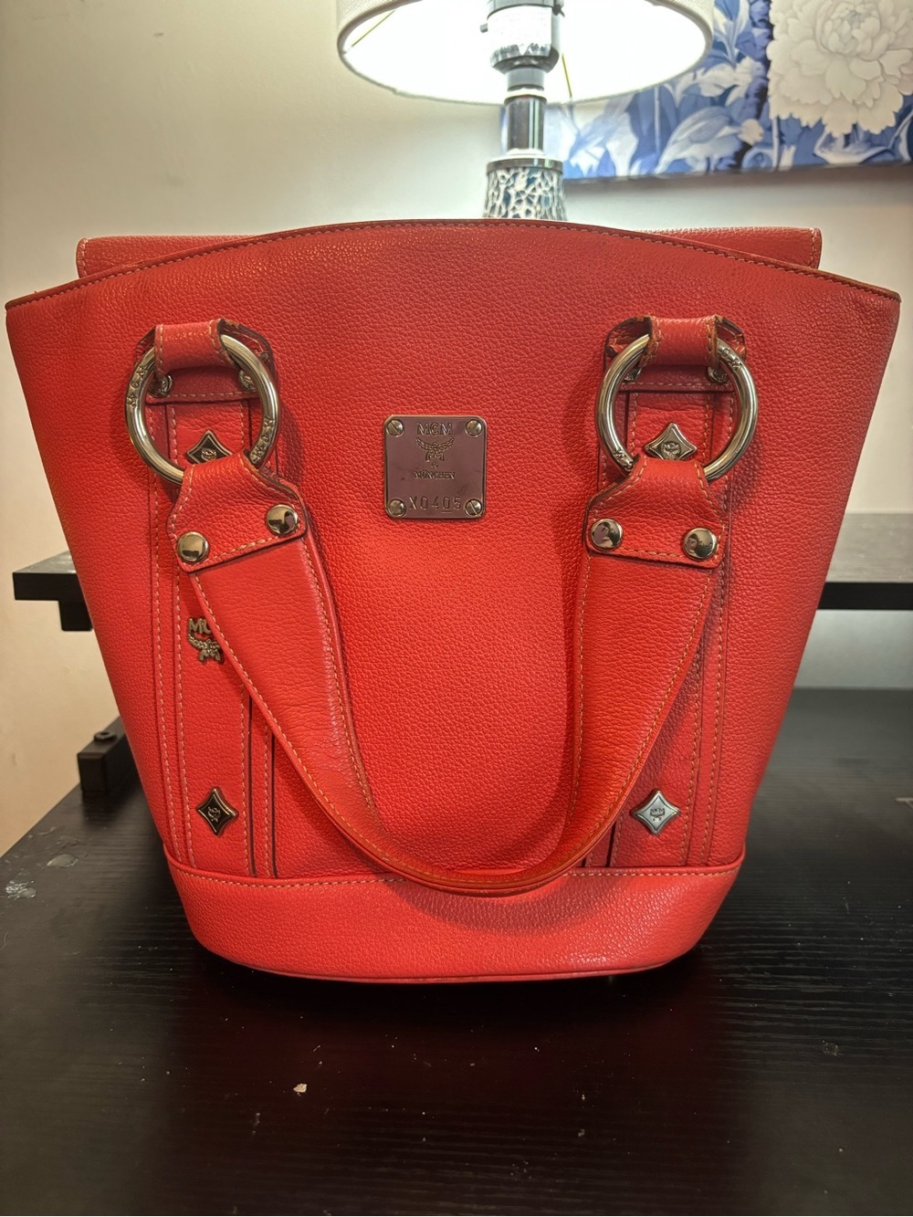Authentic MCM Salmon Pink/Orange Pebbled Leather Studded Bucket Tote Bag